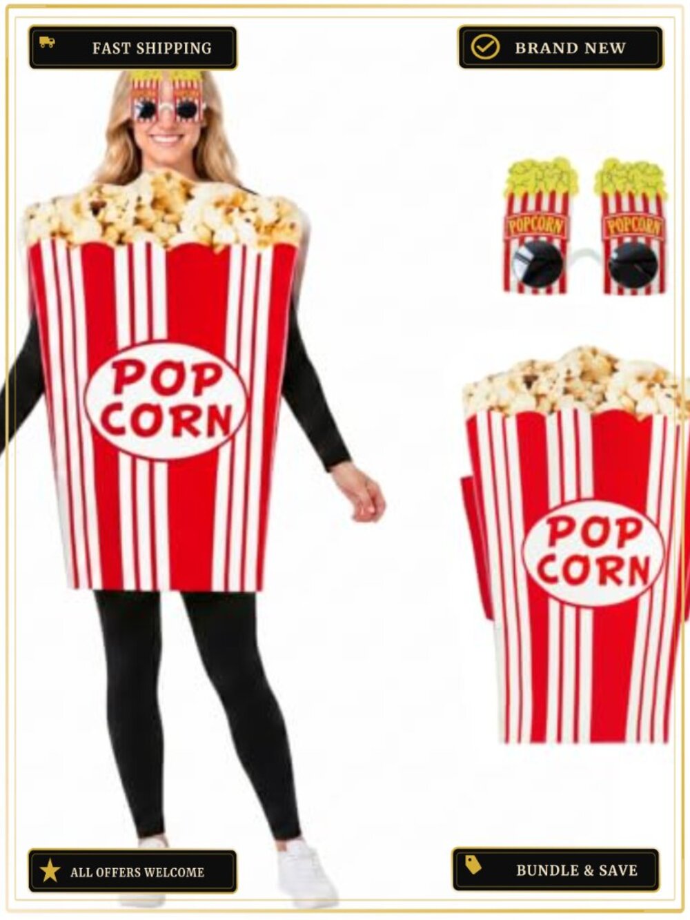 Adult Popcorn Food Costume Set Tunic Novelty Glasses Halloween Cosplay